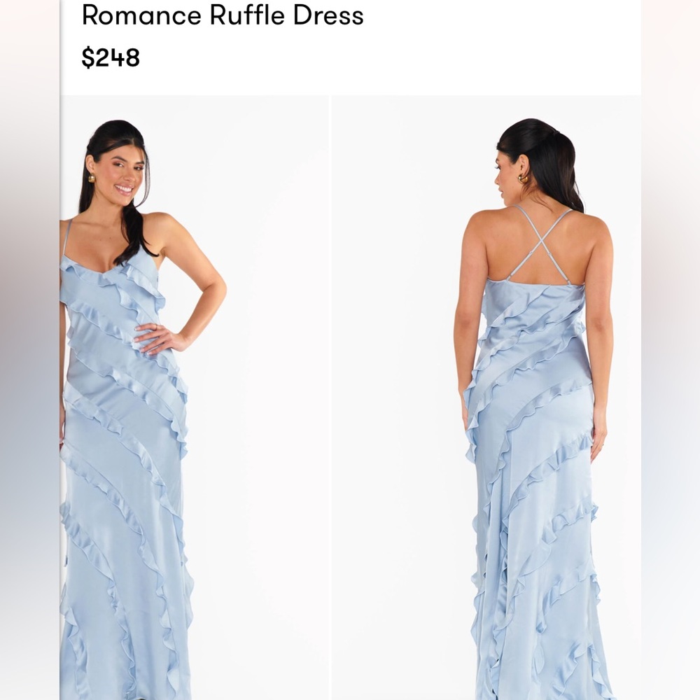 Romance Ruffle Dress in Steel Blue Luxe Satin